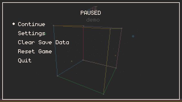 Menu preview showing Continue, Settings, Clear Save Data, Reset Game, and Quit options